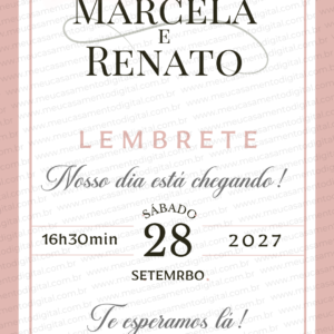 Lembrete digital de casamento rosé com nomes dos noivos, data e horário do evento