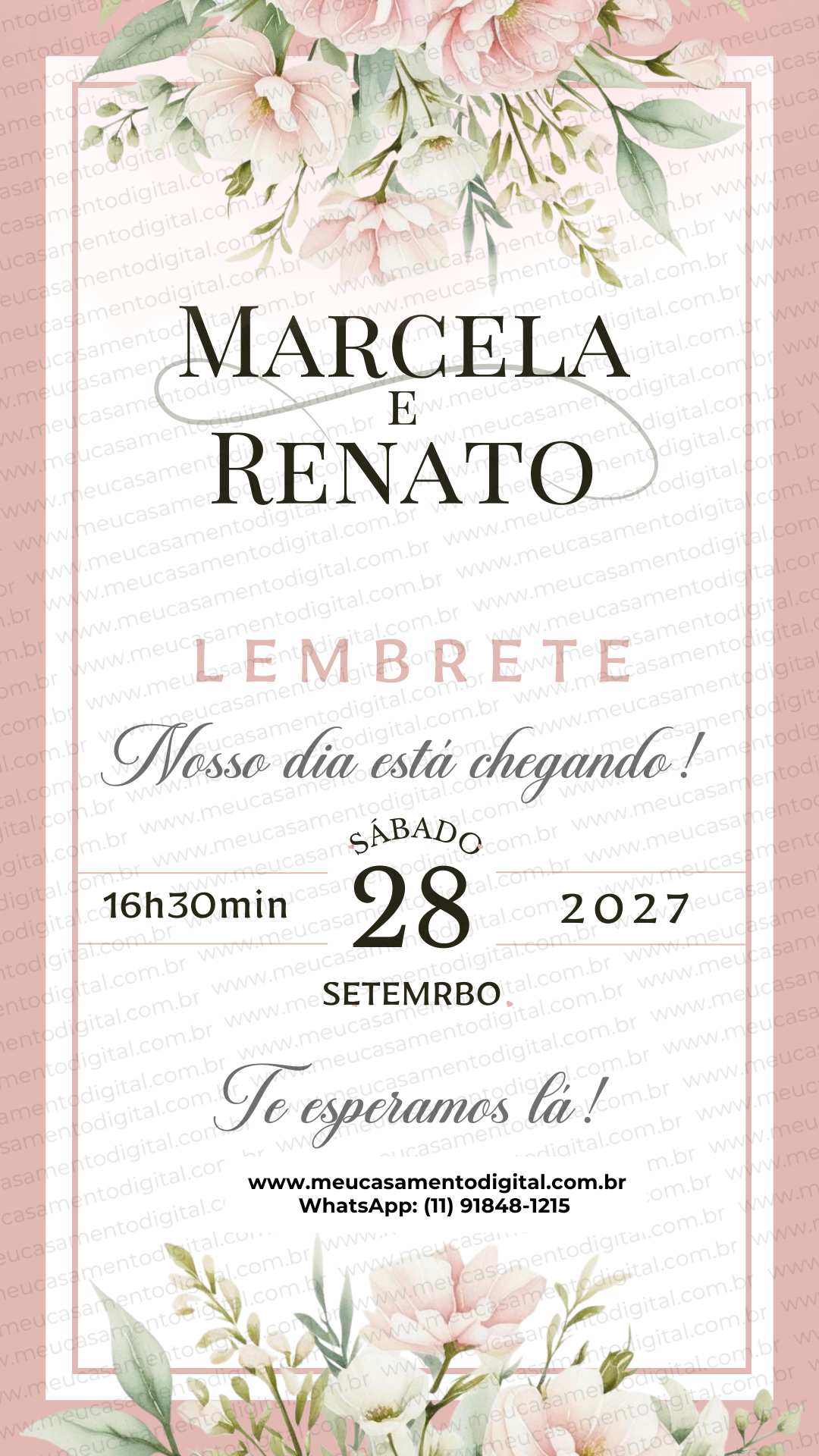 Lembrete digital de casamento rosé com nomes dos noivos, data e horário do evento