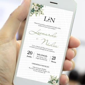 Convite digital de casamento verde oliva com flores e letras elegantes exibido no celular, convite de casamento digital para enviar pelo WhatsApp ou imprimir.
