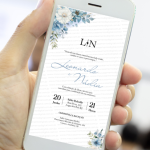 Convite digital de casamento azul serenity com flores azuis e letras elegantes exibido no celular, convite de casamento digital para enviar pelo WhatsApp ou imprimir.