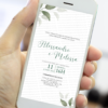 Convite digital de casamento floral minimalista verde com folhas delicadas exibido no celular, convite de casamento digital elegante para enviar pelo WhatsApp ou imprimir.