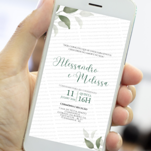 Convite digital de casamento floral minimalista verde com folhas delicadas exibido no celular, convite de casamento digital elegante para enviar pelo WhatsApp ou imprimir.
