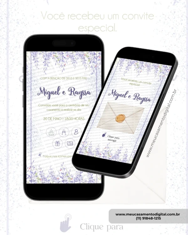 Parte interna do convite de casamento interativo com envelope digital e floral lavanda exibida em celulares.