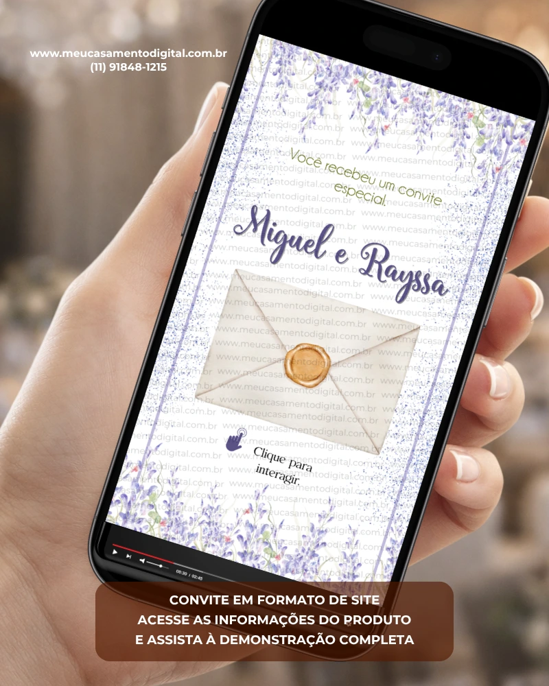Convite de casamento interativo com envelope digital e floral lavanda com delicado lacre dourado.