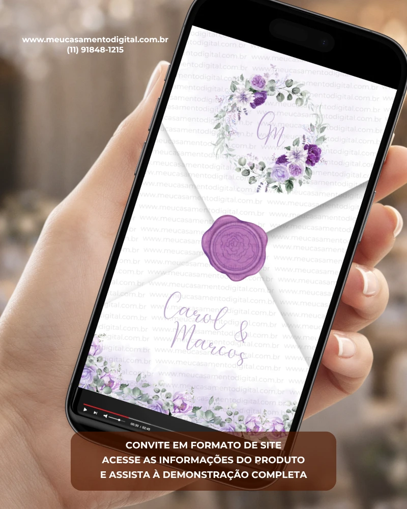 Convite de casamento interativo com envelope digital lavanda com lacre roxo e delicadas flores lilás.