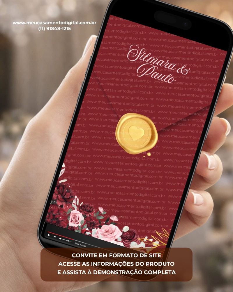 Convite de casamento interativo com envelope digital marsala, lacre dourado e flores em tons de marsala.