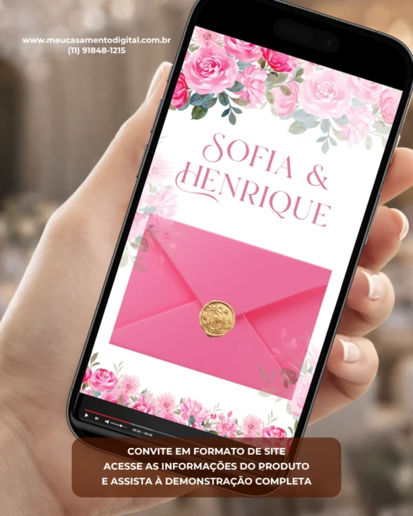 Convite de casamento interativo com envelope digital rosa, flores delicadas e lacre dourado.