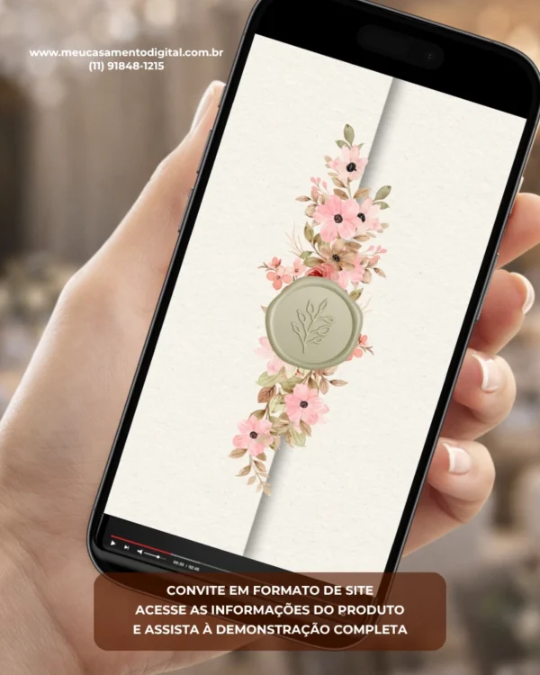 Convite de casamento interativo com envelope digital rosé, flores delicadas e lacre em tom rosé.