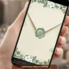 Convite de casamento interativo com envelope digital verde, flores delicadas e lacre em tom verde.