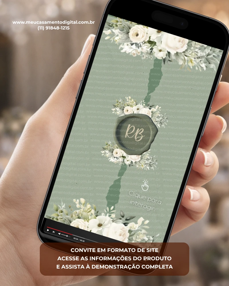 Convite de casamento interativo com envelope digital verde oliva e detalhes florais exibido no celular.
