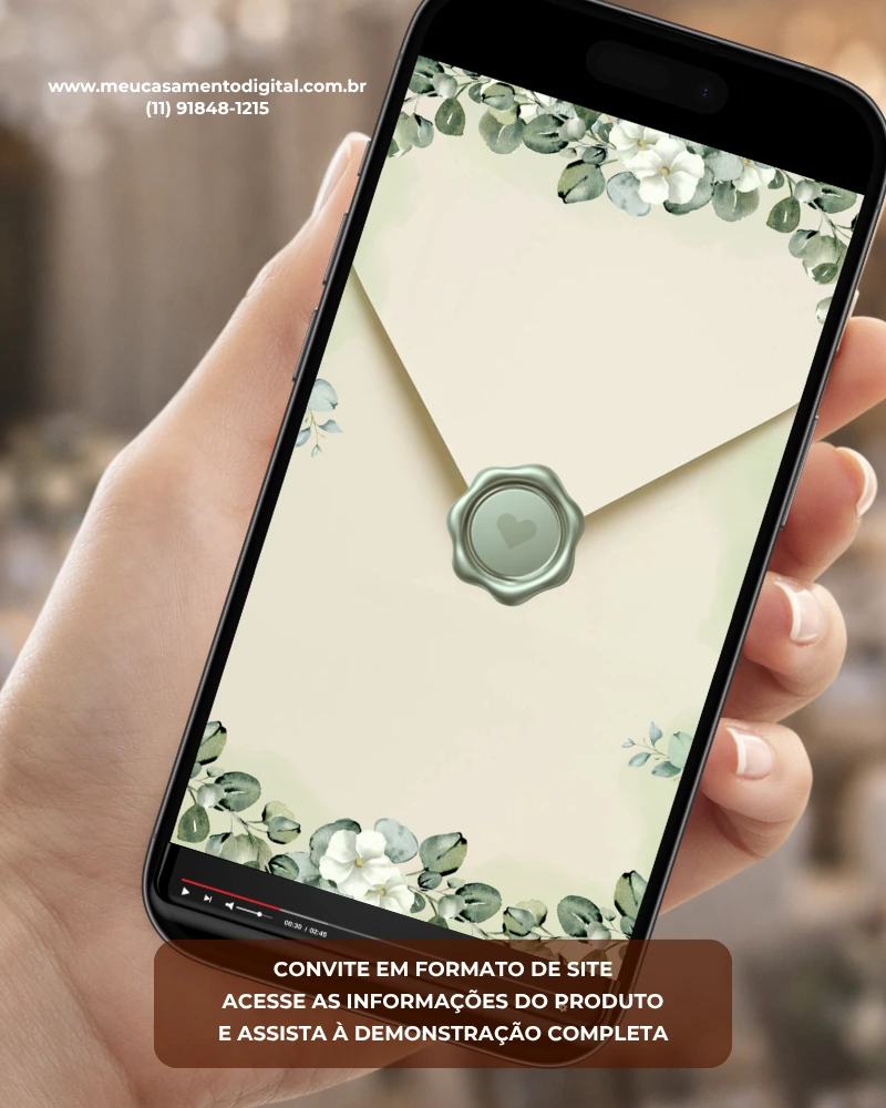 Convite de casamento interativo com envelope digital verde, flores delicadas e lacre em tom verde.