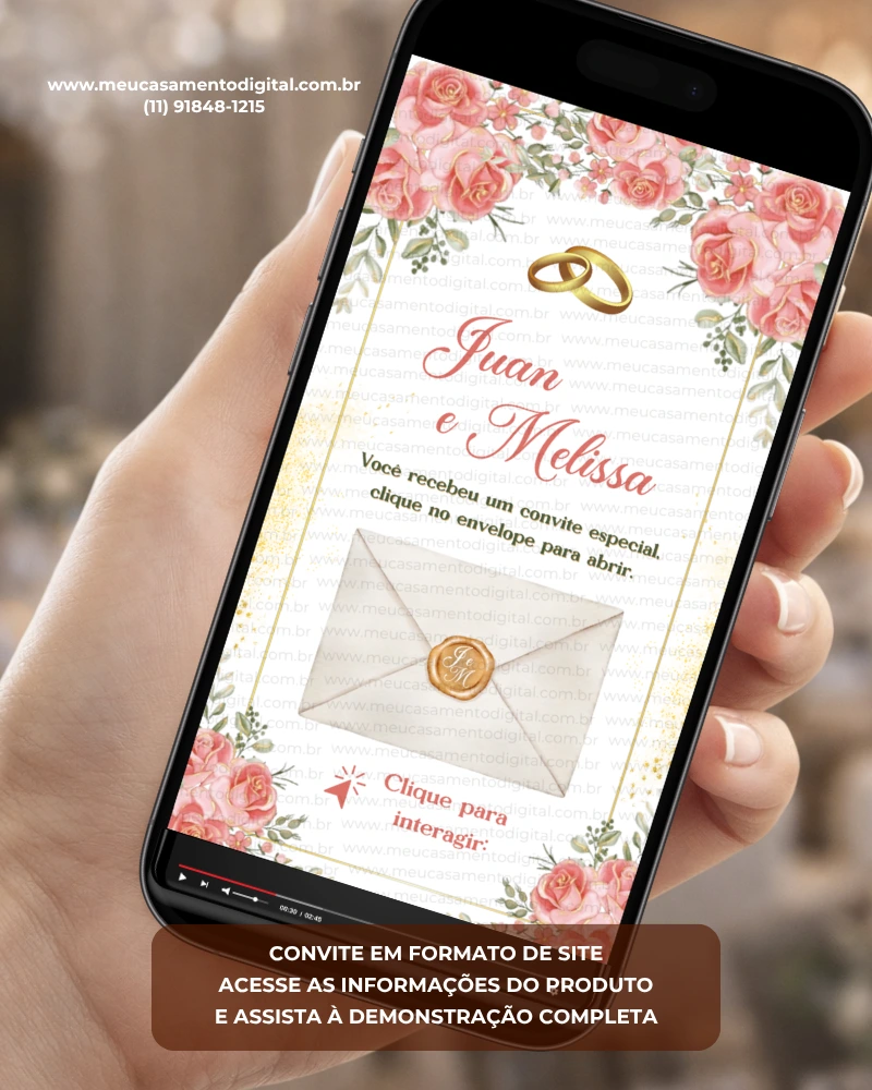 Convite de casamento rosa interativo com envelope digital, flores rosas, alianças douradas e lacre elegante.