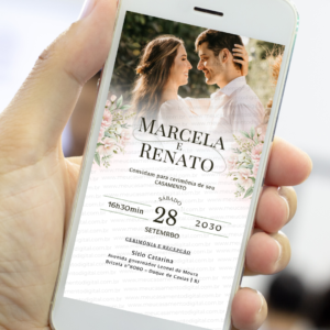 Convite digital casamento com foto dos noivos e flores rosé exibido na tela de um celular.