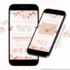 Parte interna do convite de casamento rosé interativo com envelope digital exibida em celulares.