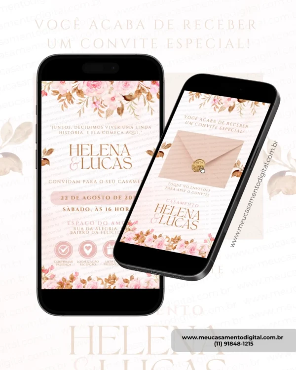 Parte interna do convite de casamento rosé interativo com envelope digital exibida em celulares.