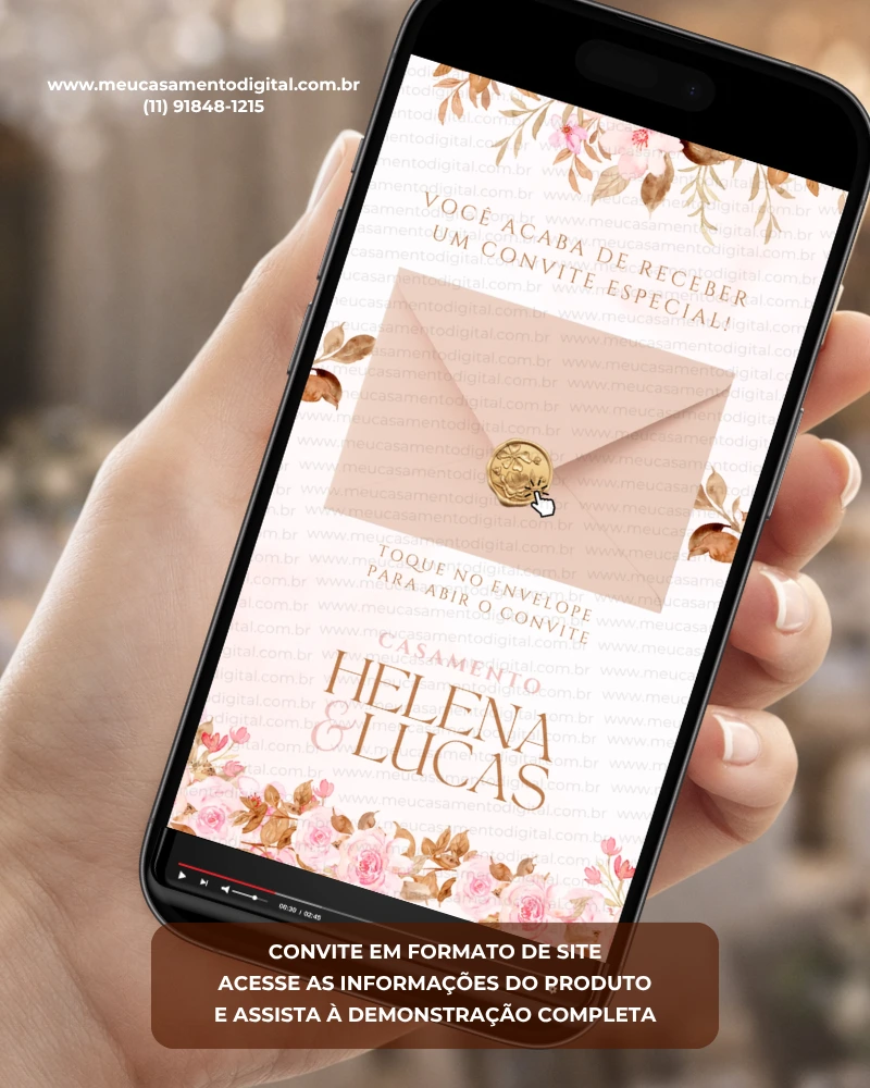 Convite de casamento rosé interativo com envelope digital, flores delicadas e lacre dourado.