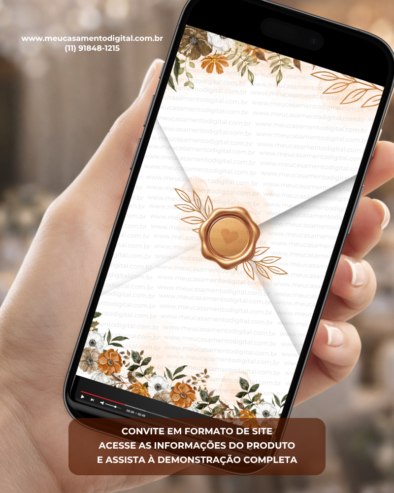 Convite de casamento terracota interativo com envelope digital, flores em tons terrosos e lacre sofisticado.