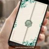 Convite de casamento verde esmeralda interativo com envelope digital, folhagens delicadas e lacre verde elegante.