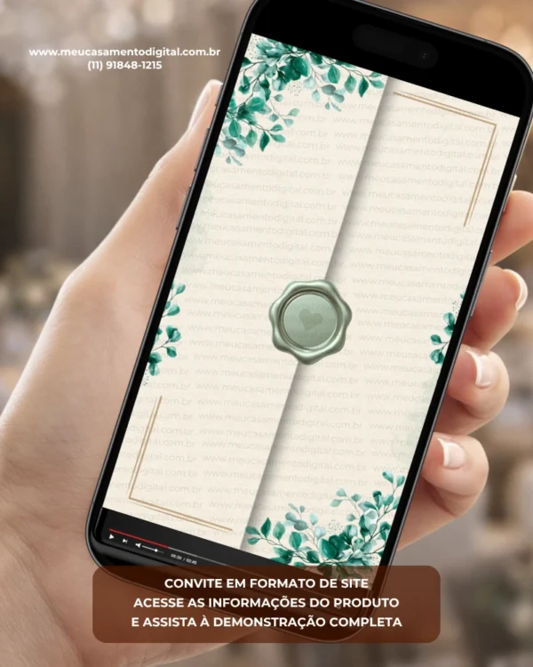 Convite de casamento verde esmeralda interativo com envelope digital, folhagens delicadas e lacre verde elegante.