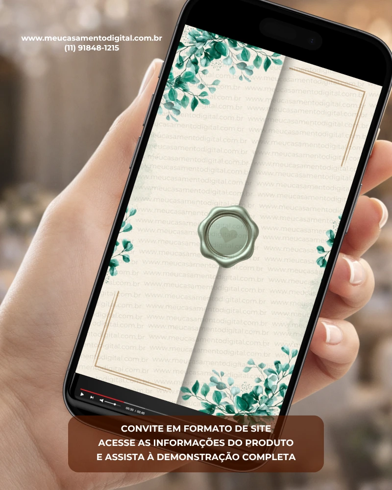 Convite de casamento verde esmeralda interativo com envelope digital, folhagens delicadas e lacre verde elegante.