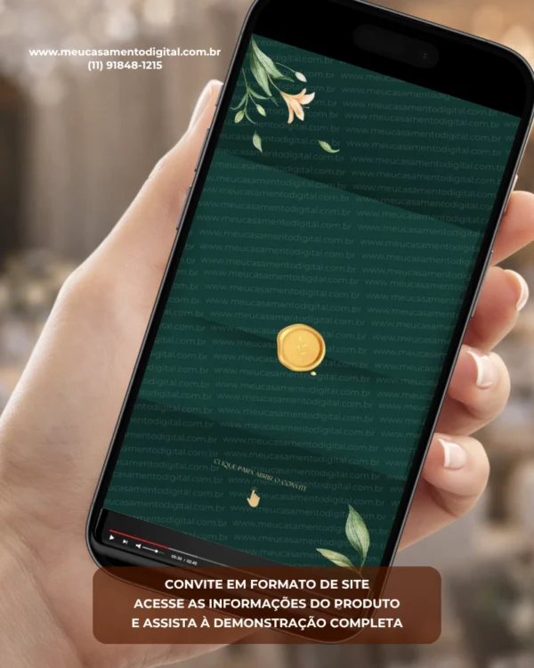Convite de casamento verde interativo com envelope digital, lacre dourado e delicadas folhagens.