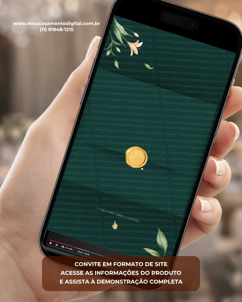 Convite de casamento verde interativo com envelope digital, lacre dourado e delicadas folhagens.