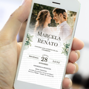 Convite digital de casamento com foto dos noivos e flores verdes exibido no celular, convite de casamento digital elegante que pode ser enviado pelo WhatsApp ou impresso.