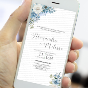 Convite digital de casamento floral azul serenity minimalista com flores azuis exibido no celular, convite de casamento digital elegante para enviar pelo WhatsApp ou imprimir.