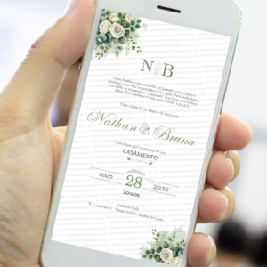 Convite digital de casamento floral verde com flores brancas e letras elegantes exibido no celular, convite de casamento digital para enviar pelo WhatsApp ou imprimir.
