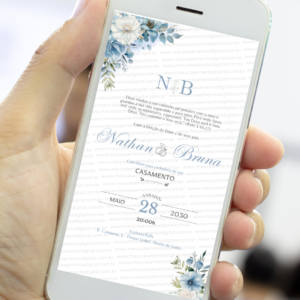Convite digital de casamento floral azul serenity com flores azuis e texto elegante exibido no celular, convite de casamento digital para enviar pelo WhatsApp ou imprimir.