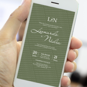 Convite digital de casamento verde oliva minimalista com letras brancas exibido no celular, convite de casamento digital elegante para enviar pelo WhatsApp ou imprimir.