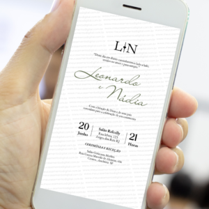 Convite digital de casamento minimalista verde com letras elegantes exibido no celular, convite de casamento digital para enviar pelo WhatsApp ou imprimir.
