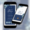 Convite digital interativo de casamento azul exibido em dois celulares com envelope digital azul e convite aberto com botões interativos.