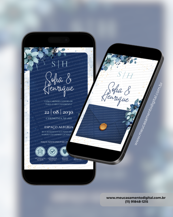 Convite digital interativo de casamento azul exibido em dois celulares com envelope digital azul e convite aberto com botões interativos.