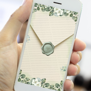 Envelope digital de convite de casamento floral verde com lacre exibido na tela de um celular.