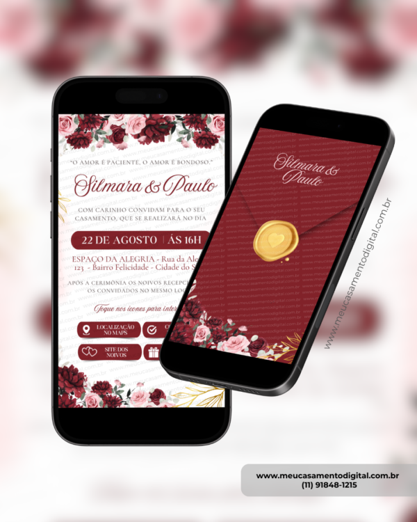 Convite digital interativo de casamento marsala exibido em dois celulares com envelope digital e convite aberto com botões interativos.