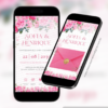 Convite digital interativo de casamento floral rosa exibido em dois celulares com envelope digital e convite aberto com botões interativos.