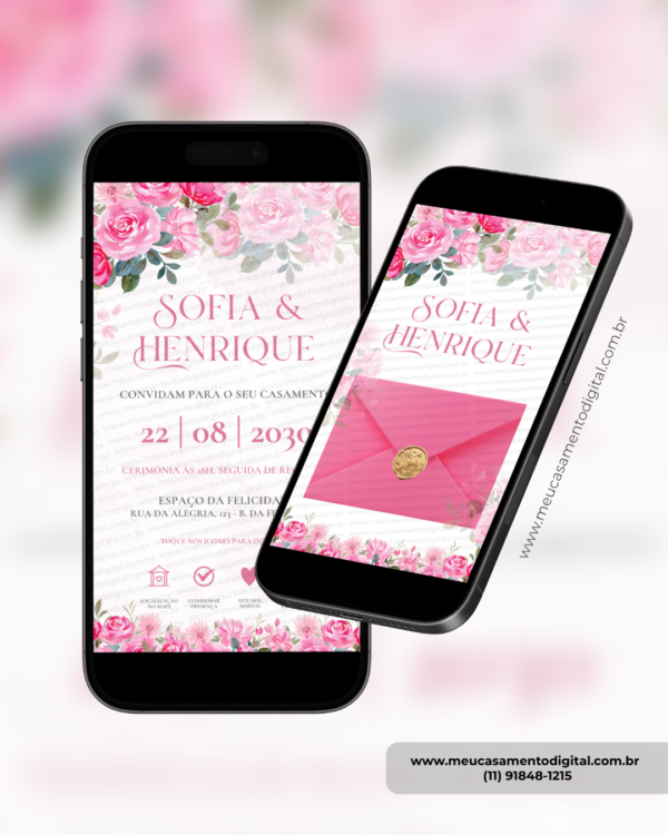 Convite digital interativo de casamento floral rosa exibido em dois celulares com envelope digital e convite aberto com botões interativos.