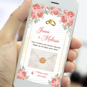 Envelope digital de convite de casamento floral rosa com lacre e alianças exibido na tela de um celular.