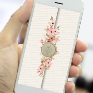 Envelope digital de convite de casamento floral rosé com lacre verde e flores em tons terrosos exibido na tela de um celular.