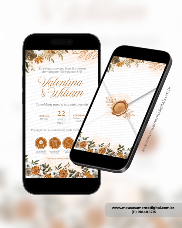 Convite digital interativo de casamento terracota floral com envelope digital e botões de localização, confirmação de presença e lista de presentes exibido em dois celulares.