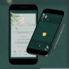 Convite digital interativo de casamento verde com envelope digital e botões de localização, confirmação de presença e lista de presentes exibido em dois celulares.