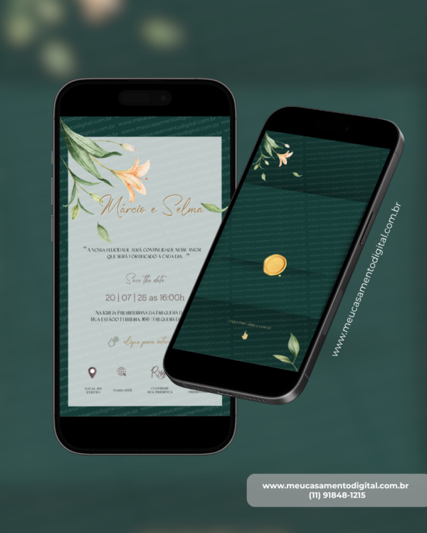 Convite digital interativo de casamento verde com envelope digital e botões de localização, confirmação de presença e lista de presentes exibido em dois celulares.