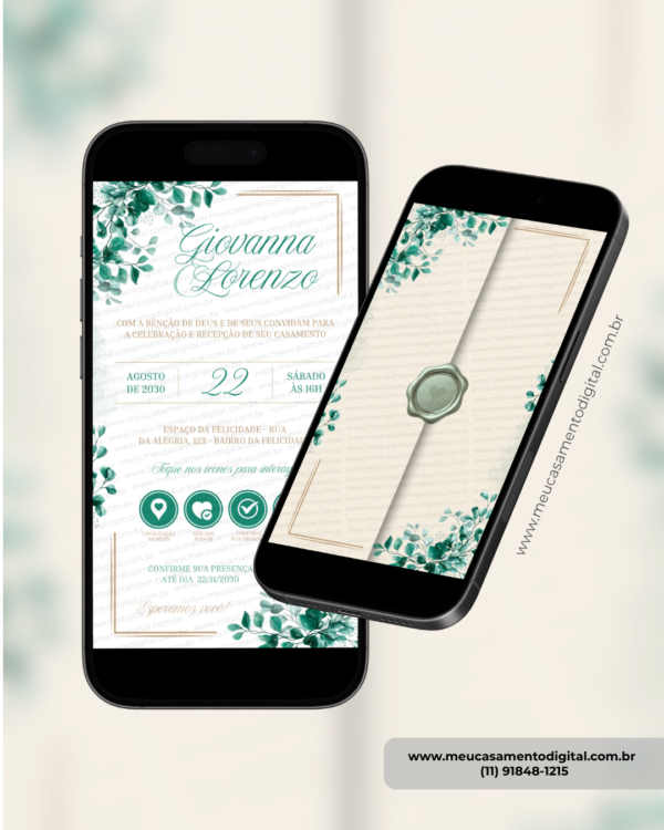 Convite digital interativo de casamento verde esmeralda com envelope digital e botões de localização, site dos noivos e confirmação de presença exibido em dois celulares.