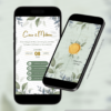Convite digital interativo de casamento verde oliva com envelope digital e botões de confirmação de presença, lista de presentes e localização exibido em dois celulares.