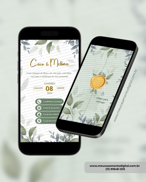 Convite digital interativo de casamento verde oliva com envelope digital e botões de confirmação de presença, lista de presentes e localização exibido em dois celulares.