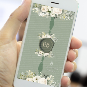Envelope digital de convite de casamento verde oliva com flores brancas e lacre exibido na tela de um celular.