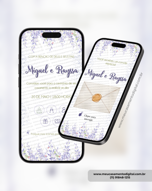 Convite digital interativo de casamento floral lavanda com envelope digital e botões interativos exibido em dois celulares.