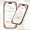 Convite digital interativo de casamento floral rosa com envelope digital, botões de confirmação de presença, lista de presentes e localização exibido em dois celulares.