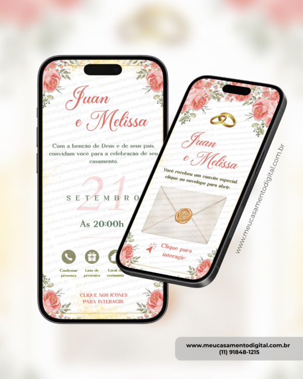 Convite digital interativo de casamento floral rosa com envelope digital, botões de confirmação de presença, lista de presentes e localização exibido em dois celulares.